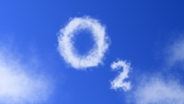 The oxygen (O₂) molecule symbol with a cloud effect appearing in the blue sky, representing air, life, and respiration