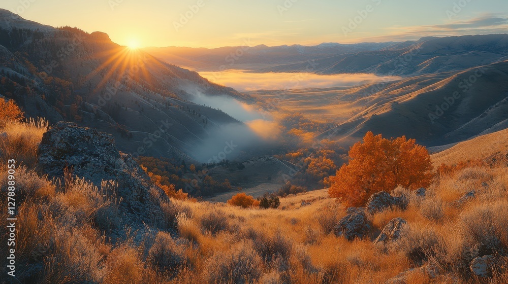 Wall mural Majestic mountains rise above a serene valley, bathed in the warm glow of a setting sun, creating a breathtaking natural panorama.