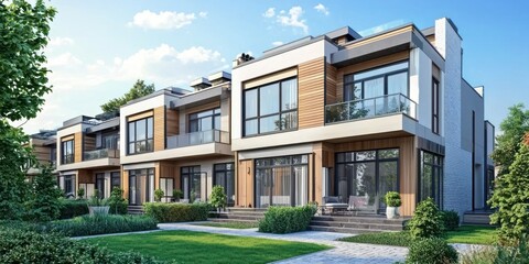 Fototapeta premium A compact 3D urban home with a rooftop terrace and modern design 