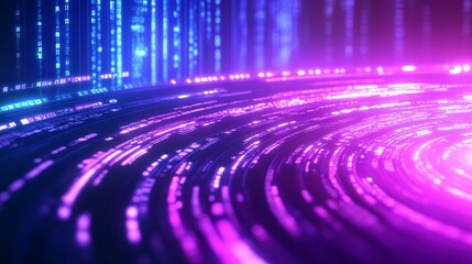 Vibrant abstract digital background with swirling light patterns and glowing lines in purple and blue