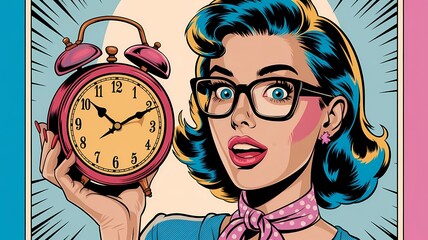 Surprised woman holding an old clock comic pop art retro comic design, copy space