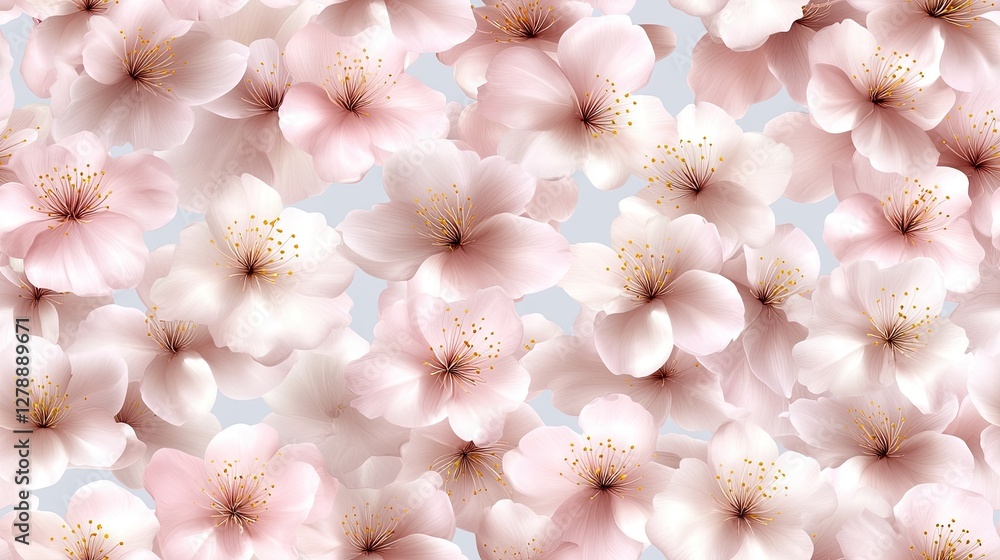Poster soft pink cherry blossoms float against a pale blue backdrop, creating a serene atmosphere ideal for