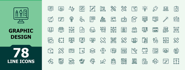 Graphic Design vector line icon set. Icons responsive design, technology, color balance, graphic, background, paint brush, designer and more. Minimalist icon collection. Editable vector illustration.