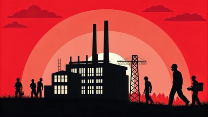 Bold graphic of factory workers in black silhouette against a striking red sunset background honoring industrial labor.