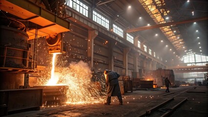 Dynamic industrial scene with a busy ambiance showcasing molten metal pouring against an illuminated factory interior backdrop.