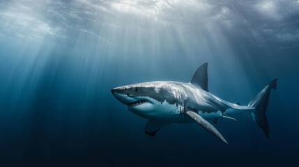 Obraz premium A massive great white shark swims against a white background, showcasing its powerful physique. 