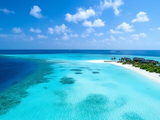 Obraz premium Idyllic tropical island beach with turquoise water, white sand, and lush vegetation under a bright blue sky.