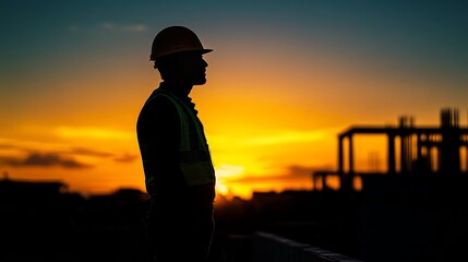 Fototapeta premium Construction Worker Silhouette at Sunset