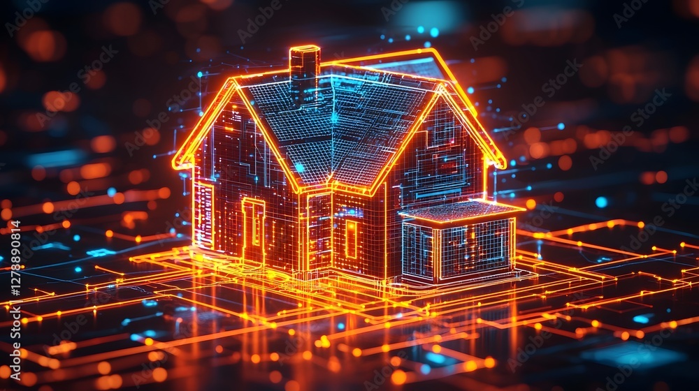 Poster concept art of a futuristic smart home automation system featuring glowing digital network lines rep