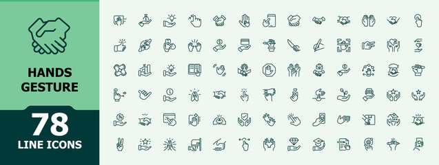 Hands Gesture icon collection. Icons interface, volunteer, communication, win, peace, count and more. Thin UI icon design. Icon illustration in modern minimalist style.