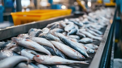 A conveyor belt in a seafood factory transporting cleaned fish to a packaging station. 