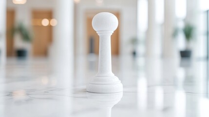 Fototapeta premium A single white chess pawn stands on a reflective marble surface in a bright, modern office lobby.