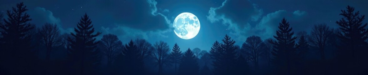 Naklejka premium Dark forest at night with full moon, trees silhouetted against bright sky, Shadow, Moonlight, Trees