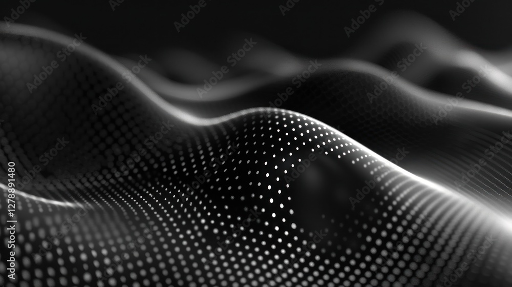 Poster rhythmic wave pattern flows smoothly, with dot clusters enhancing the sense of motion in soft light