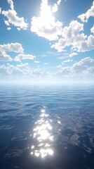 Fototapeta premium Calm ocean, sunny sky, clouds, reflection