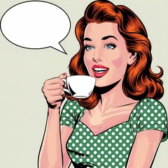 women having a cup of coffee retro pop art comic design with speech bubble