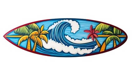 Obraz premium Vibrant Surfboard with Tropical Wave Design and Palm Trees