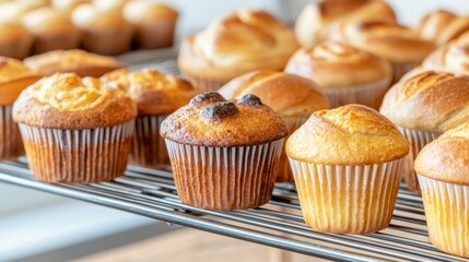 Artisan bakery products on rustic shelves Concept, Display of Freshly Baked Muffins and Golden Bread on a Cooling Rack in a Cozy Bakery Setting