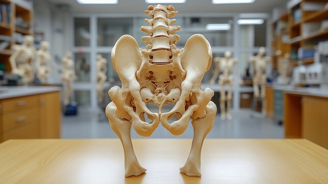 A detailed model of the human pelvis and spine displayed in a laboratory setting with other anatomical models in the background
