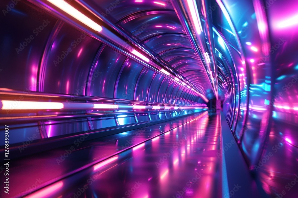 Poster experience a surreal journey through a vibrant tunnel filled with neon blues and purples, creating a