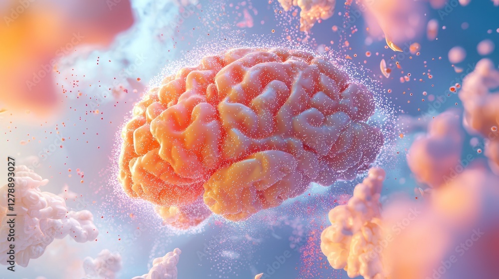Poster A creative 3D brain floating in a cloud of abstract data points 