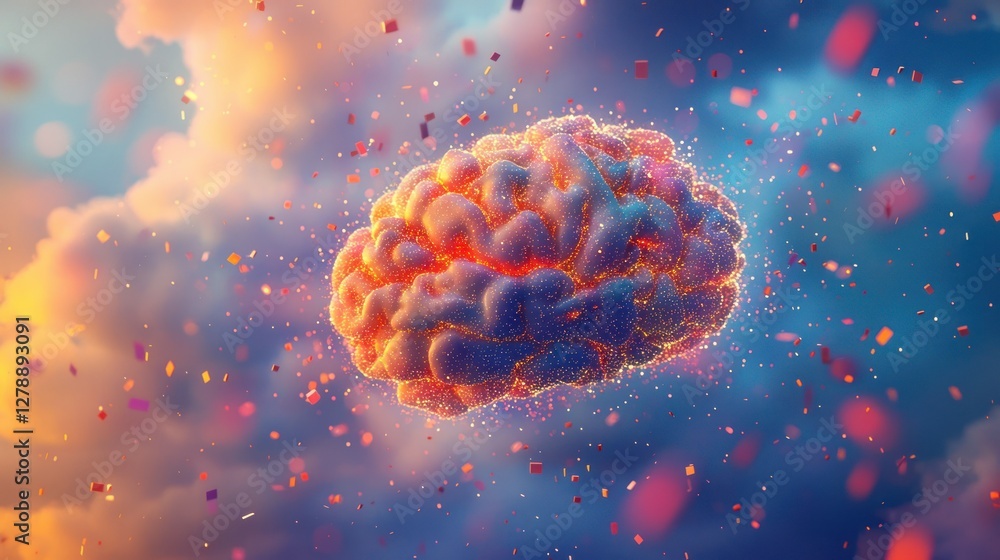 Poster A creative 3D brain floating in a cloud of abstract data points 