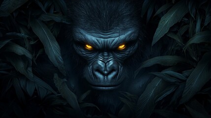 Obraz premium Powerful gorilla portrait in dark jungle.