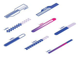 Set of loading and progress indicators. Digital elements in futuristic style for websites, interfaces and technology applications. Graphic icons and status bars for tracking processes