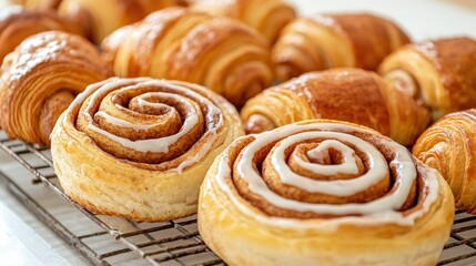 Artisan bakery products on rustic shelves Concept, Freshly Baked Cinnamon Rolls and Croissants Displayed on a Cooling Rack