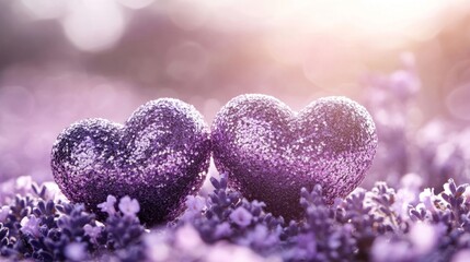 Obraz premium Two Purple Hearts Resting on Lavender Blossoms