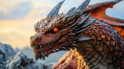 Fierce dragon with glowing eyes. Mythical dragon with razor-sharp teeth and intense gaze. Powerful fantasy beast with rugged scales and glowing embers in background