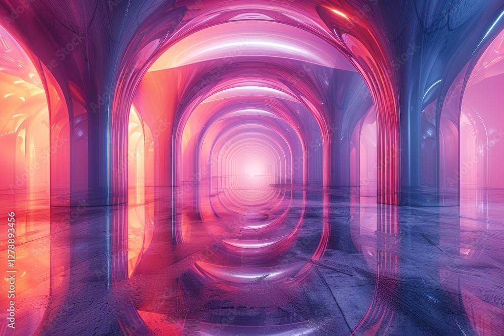 Poster glowing waves of stretched time create a surreal atmosphere in a perfectly symmetrical, reflective s