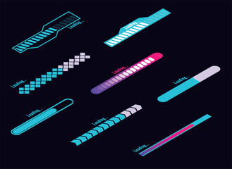 Set of loading and progress indicators. Digital elements in futuristic style for websites, interfaces and technology applications. Graphic icons and status bars for tracking processes