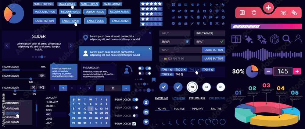 Poster set of buttons and interface elements for mobile apps and websites. modern design for navigation, co