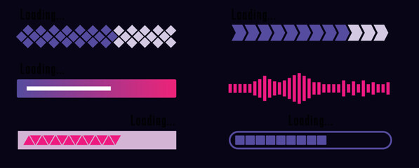 Obraz premium Set of loading and progress indicators. Digital elements in futuristic style for websites, interfaces and technology applications. Graphic icons and status bars for tracking processes