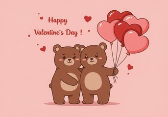 Cute cartoon bears, Valentine's Day theme, heart-shaped balloons, pink and red color scheme, romantic couple, cuddling animals, love message, kawaii style