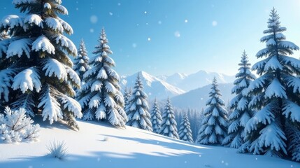 Fototapeta premium Serene Winter Wonderland Snow-Covered Evergreens and Majestic Mountain Peaks Under a Bright Blue Sky