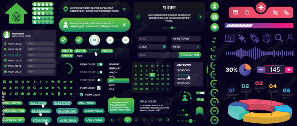 Poster set of buttons and interface elements for mobile apps and websites. modern design for navigation, co