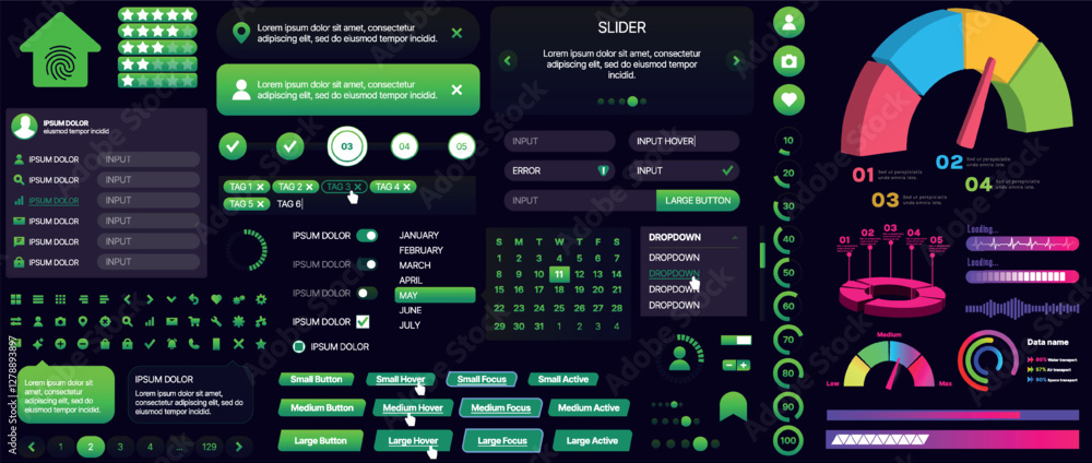 Poster set of buttons and interface elements for mobile apps and websites. modern design for navigation, co