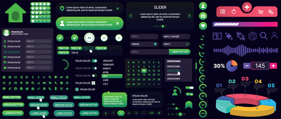 Fototapeta premium Set of buttons and interface elements for mobile apps and websites. Modern design for navigation, control and user interaction. Includes templates, menus, panels and icons