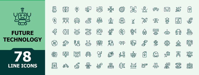 Future Technology icons. It contains symbols to information, graphic, artificial, industry, network, phone, cyber, business. Pixel perfect. Collection of simple line web icons.