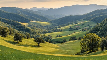 Fototapeta premium Lush green grass and vibrant trees adorn the foreground, set against majestic mountains under a clear blue sky, creating a serene natural landscape.