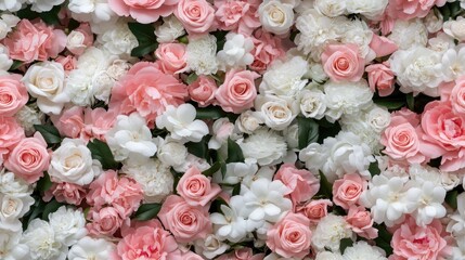 Wall adorned with delicate pink and white flowers including roses and peonies, perfect for events or decor featuring soft aesthetics SEAMLESS PATTERN