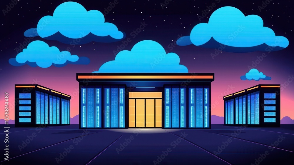 Poster cloud system service provider. a futuristic building scene with glowing blue structures against a co