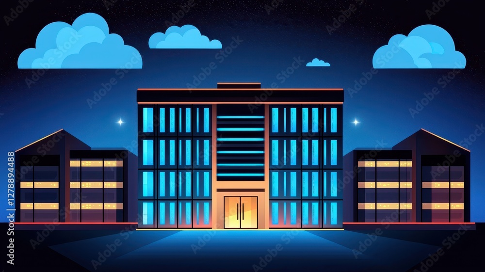 Poster cloud system service provider. modern building illuminated at night with a starry sky and clouds abo