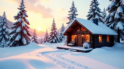 Secluded Winter Cabin Retreat Amidst a Snow Covered Pine Forest at Sunset