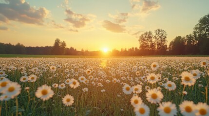 A vibrant field of daisies blooms beautifully amid a vast green landscape, showcasing nature's splendor and tranquility under the open sky.