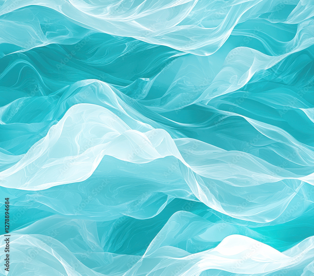Poster smooth waves of bright cyan and soft white create serene atmosphere, seamless pattern style.
