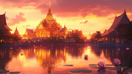 Fototapeta premium A vibrant sunset illuminates a majestic temple by the water, surrounded by lotus flowers, creating a serene and picturesque landscape.