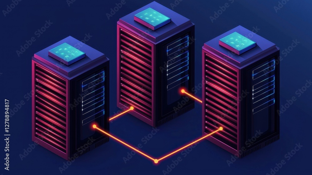 Poster cloud system service provider. three interconnected server towers with glowing connections in a futu